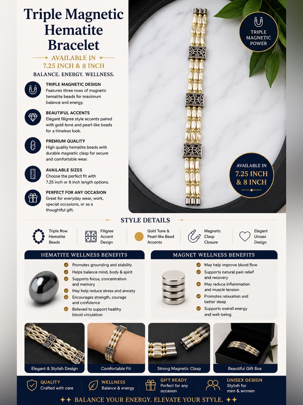 Hematite Triple-Row Magnetic Bracelet - Gold Tone & Pearl Bead Accents - Picture 1 of 1
